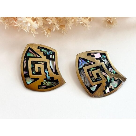 Modernist Sterling Silver Vermeil Taxco Mexican Abalone Vintage Clip On Earrings - Picture 6 of 10